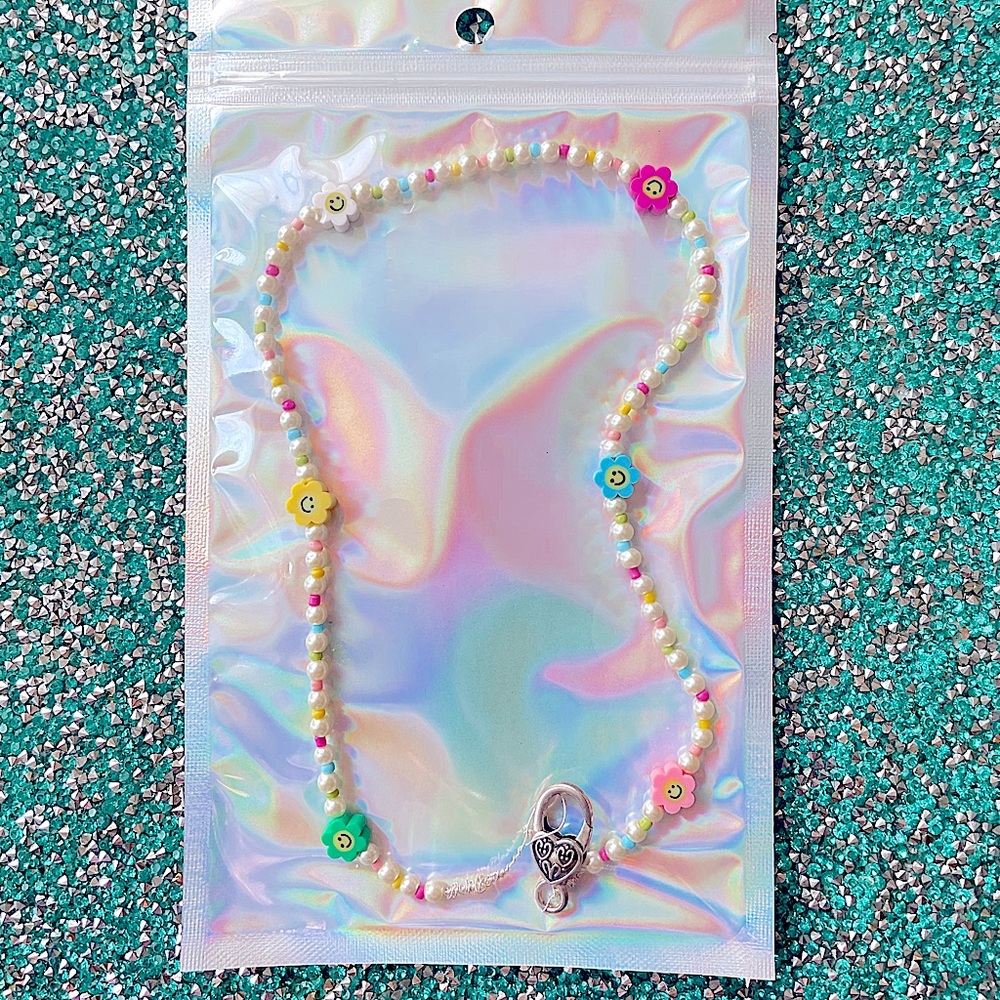 Multi color seed beaded necklace mixed with pearls & smiley flower charms